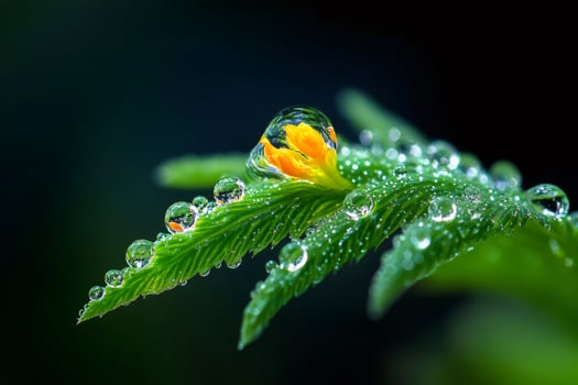 Dew drops embracing orange flower on vibrant green leaf photo