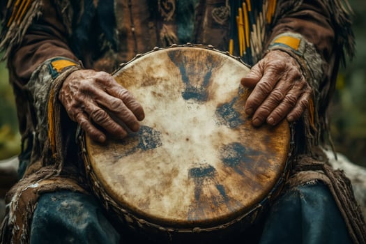 Shaman playing traditional drum in wilderness setting photo