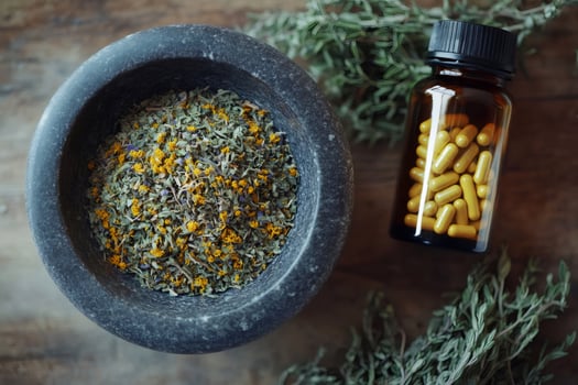 Natural medicine with dried herbs and capsules on wooden table photo