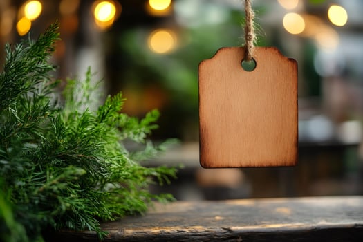 Empty wooden tag hanging with twine near green plant photo