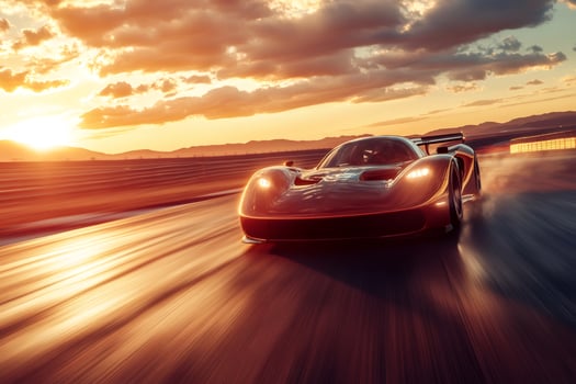 Modern sportscar driving fast on a circuit at sunset photo