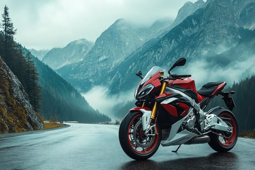 Sport motorcycle parked on asphalt road with mountain view. photo