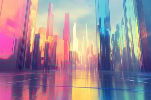 Abstract cityscape with reflective surfaces and vibrant color gradients photo