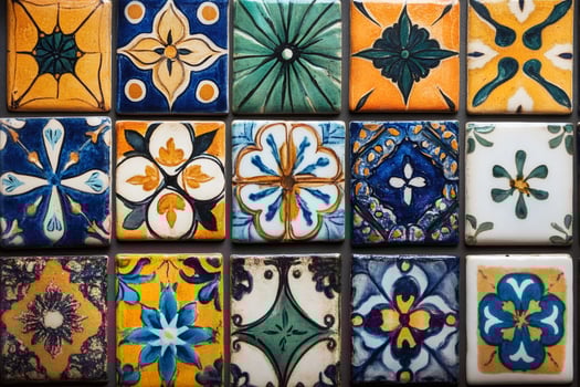 Colorful talavera ceramic tiles forming a decorative wall background photo