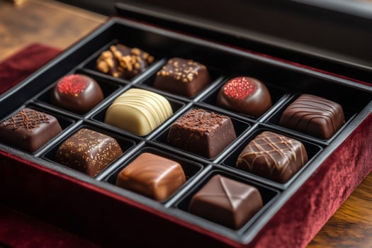 Box of assorted gourmet chocolates is displaying a selection of delicious handcrafted treats photo