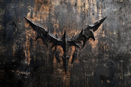 Stylized dark bat emblem on heavily textured and scratched surface photo