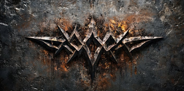 Dark metallic emblem is set against textured gray rust background photo