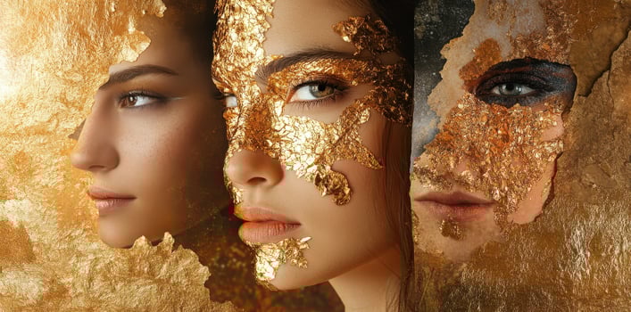 Three diverse women with expressive makeup and golden textures photo