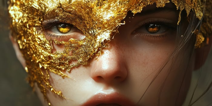 Woman wearing ornate golden mask covering half her face photo