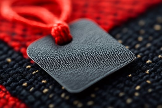 Black blank rectangular label with red string on textured fabric photo