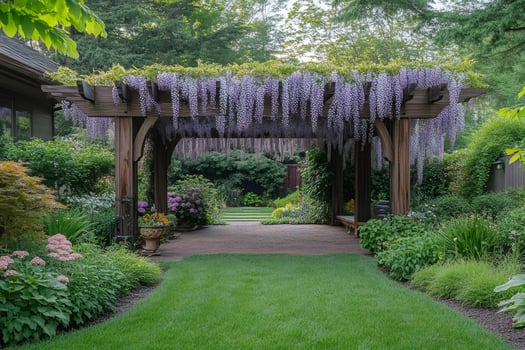 Beautiful wisteria flowers covering a wooden pergola in a lush garden photo