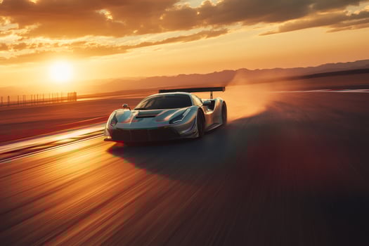 Racing car speeding on a track during a vibrant sunset photo