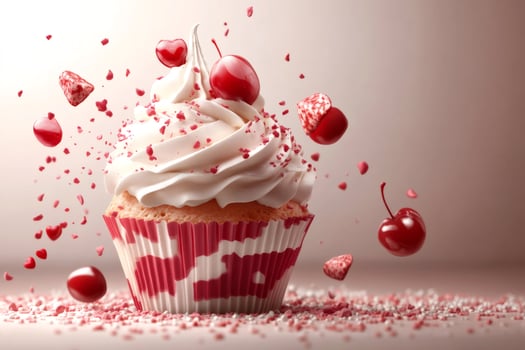 Delicious cupcake with white cream and flying cherries and heart shaped candies photo