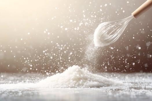 Whisk dropping sugar crystals on pile of sugar creating a splash photo
