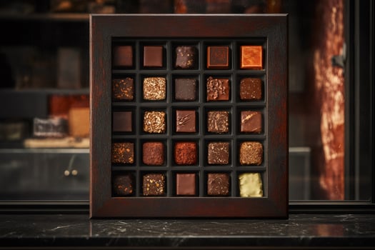 Box of assorted gourmet chocolates sitting on marble surface photo