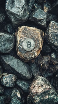 Silver bitcoin coin placed on a brown rocky stone photo