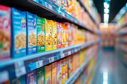 Colorful cereal boxes filling shelves in supermarket photo