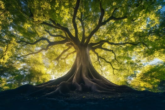 Majestic tree with large roots and lush green leaves reaching towards the sky photo
