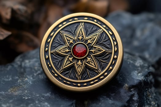 Round metal decorative object with floral pattern and red gemstone resting on dark rock photo