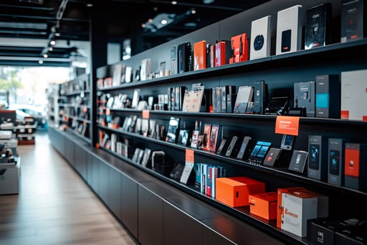 Wide selection of electronics products displayed on shelves in a contemporary retail environment photo