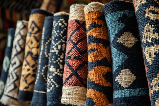 Colorful traditional handmade carpets hanging in a shop photo