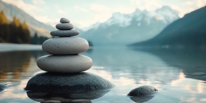 Stacked stones create a balanced peaceful scene on the lake photo