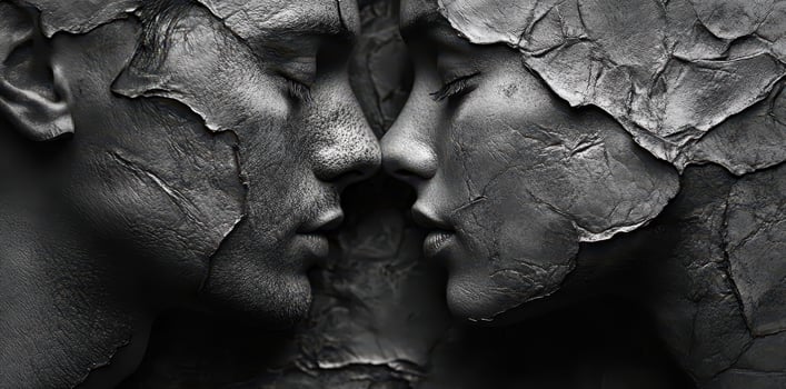 Two individuals in close proximity with textured grey skin photo