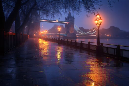 Tower bridge illuminating rainy london night, uk photo