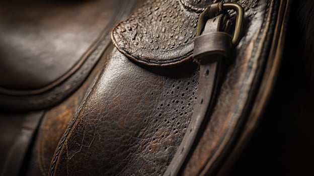 Close up of an old brown leather horse saddle photo