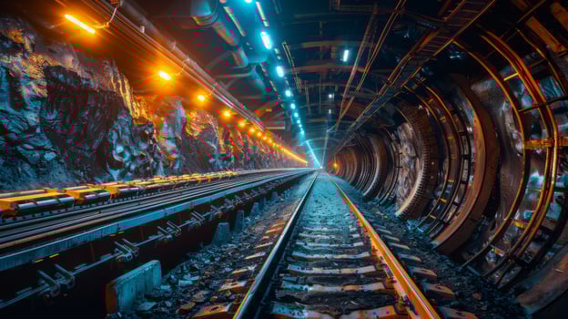 Bright lights line the walls of an underground subway tunnel, highlighting the railway tracks and rocky surfaces. The atmosphere feels industrial and urban. photo