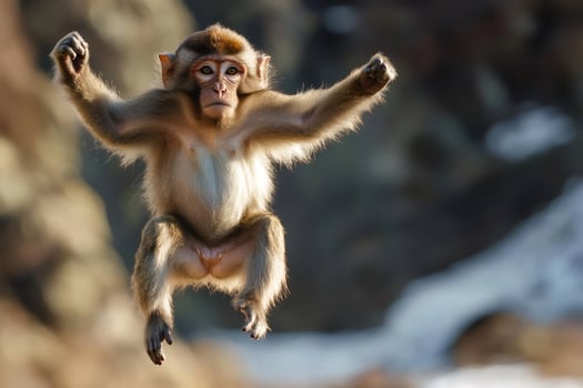 Japanese macaque jumping with open arms in nature photo