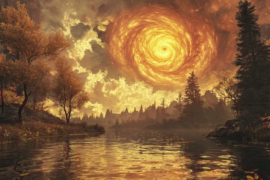Golden cosmic swirl over autumn landscape reflected in water photo