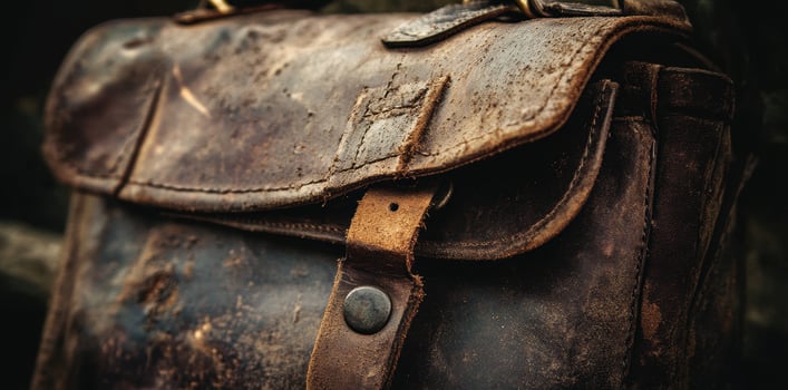 Worn brown leather satchel displays vintage style and ruggedness photo