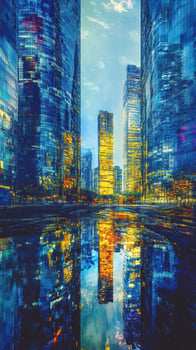 Cityscape reflection in water showcases tall modern architecture photo
