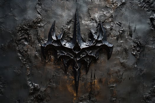 Intricate dark metal emblem against textured black background photo