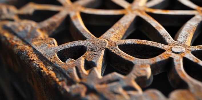 Intricate decorative metalwork shows surface rust and weathering photo