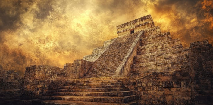 Ancient mayan pyramid stands majestically beneath a dramatic sky photo