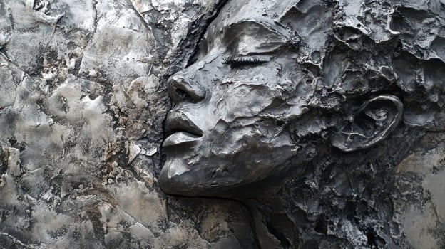 Sculpted silver toned visage of a woman with closed eyes photo