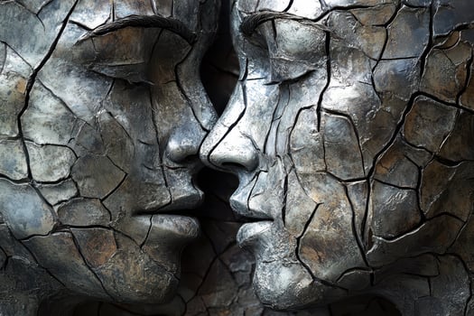 Two cracked stone faces leaning in for a kiss photo