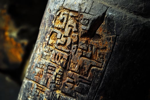 Ancient stone carving displays intricate patterns and possible glyphs photo