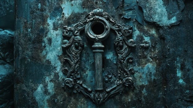 Ornate keyhole escutcheon attached to an old grungy surface photo