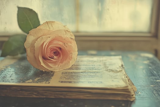 A delicate rose rests gracefully on an old book photo