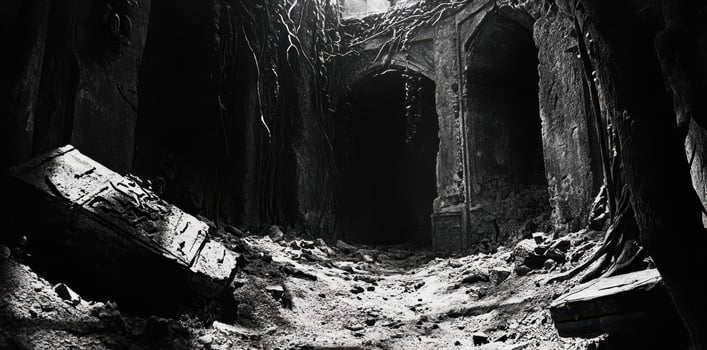 Decayed ancient archway leading into darkness in a desolate place photo