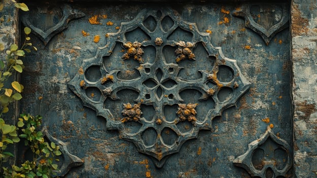 Ornate gray decoration with yellow specks and climbing vines photo