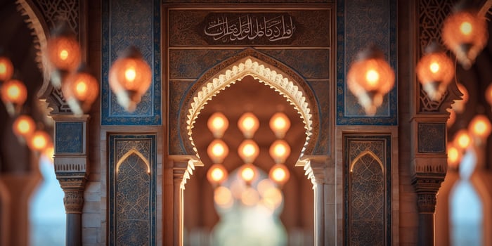 Enchanted evening in an ornate hall with glowing lanterns and intricate architecture photo