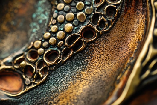 Macro shot reveals intricate bronze texture with circular formations photo