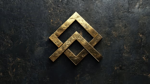 Golden interlocking geometric shapes rest on a dark stone surface photo