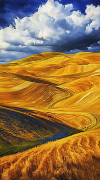 Rolling golden hills meet dramatic clouds in a painted scene photo