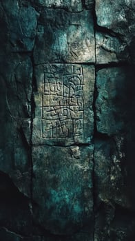 Ancient stone wall displays a carved mysterious grid pattern photo