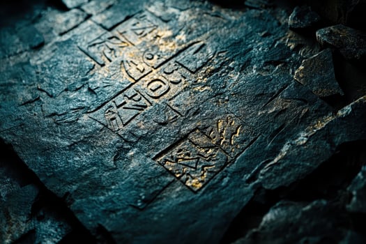 Ancient symbols carved onto stone surface with dark textured background photo